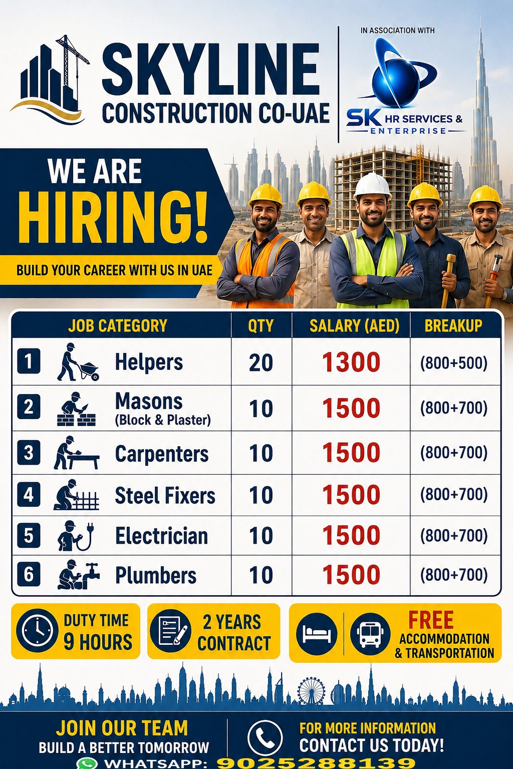 Skyline Construction Co. UAE Jobs 2026 – Helpers, Masons, Carpenters & More | Apply Now