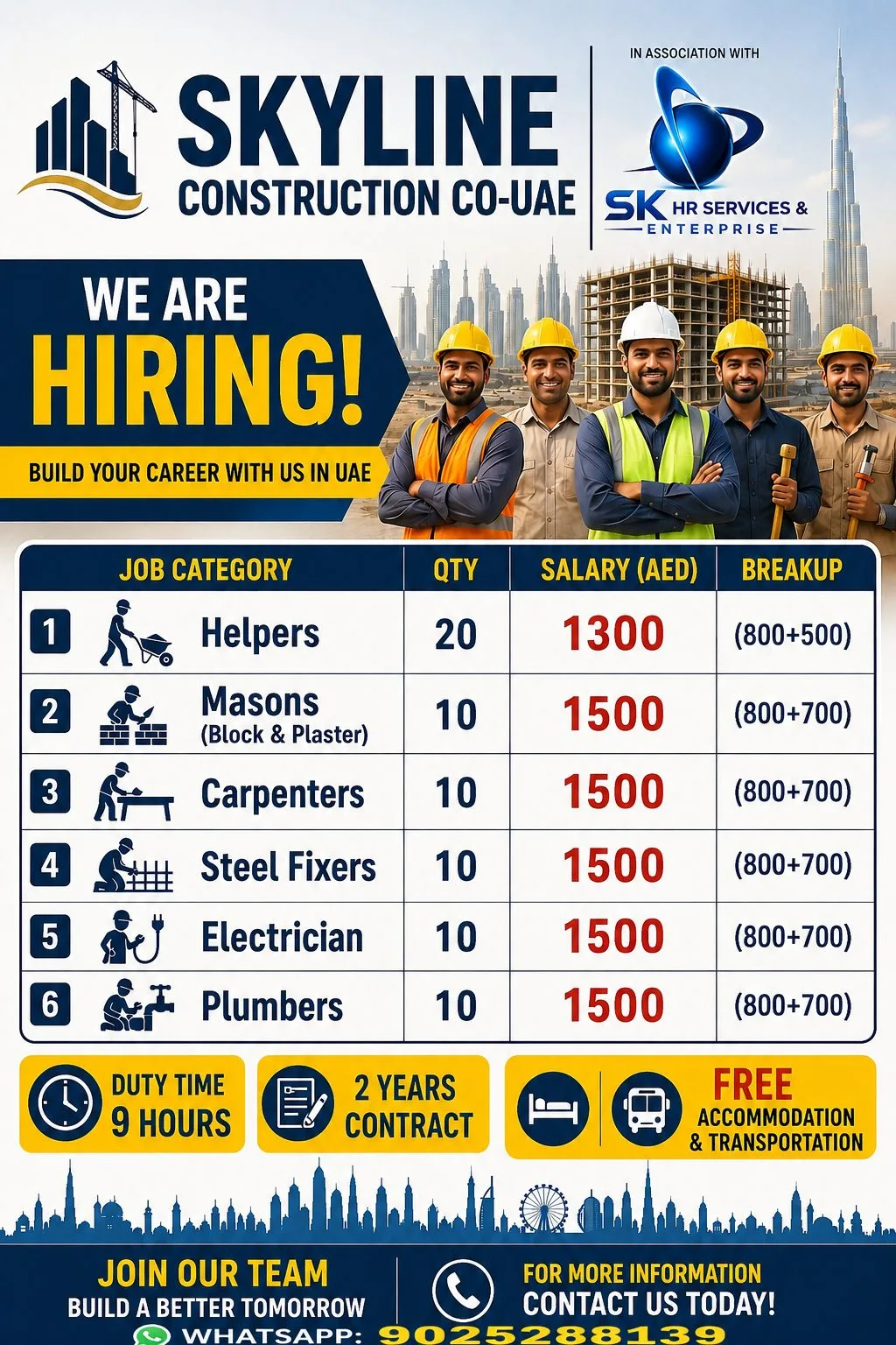 Skyline Construction Co. UAE Jobs 2026 – Helpers, Masons, Carpenters & More | Apply Now