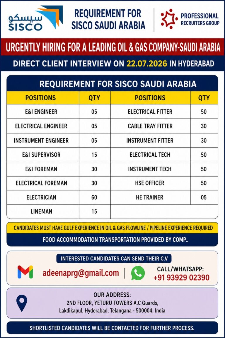 SISCO Saudi Arabia Oil & Gas Jobs 2026 | Direct Client Interview in Hyderabad | Apply Now