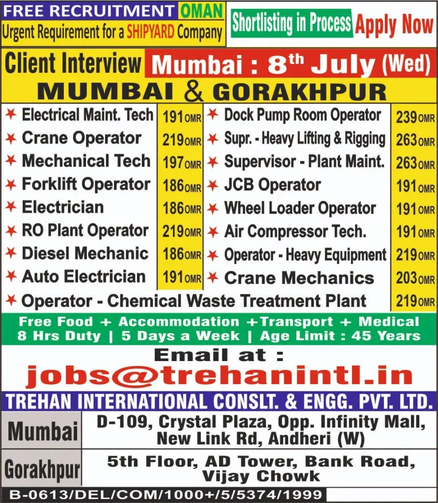 Oman Shipyard Jobs 2026 – Free Recruitment | Client Interview in Mumbai & Gorakhpur 1 Oman Shipyard Jobs 2026 – Free Recruitment | Client Interview in Mumbai & Gorakhpur