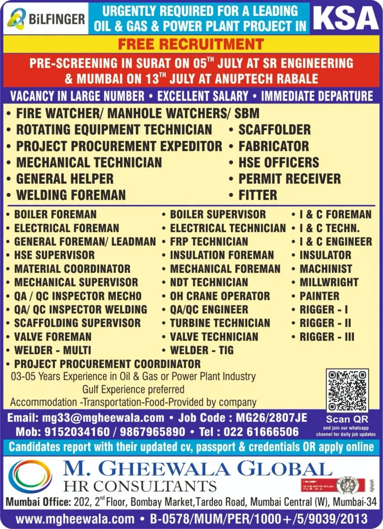 Bilfinger Oil & Gas & Power Plant Jobs in Saudi Arabia 2026 | Free Recruitment | Multiple Vacancies