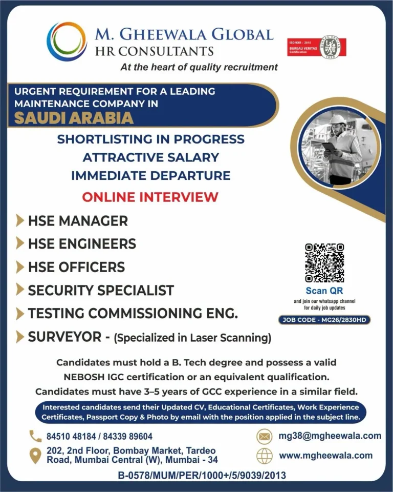 Saudi Arabia Maintenance Company Jobs 2026 – Online Interview | HSE, Safety & Engineering Vacancies