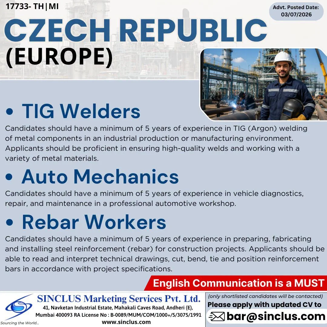 Czech Republic (Europe) Job Openings 2026 – TIG Welders, Auto Mechanics & Rebar Workers | Apply Now