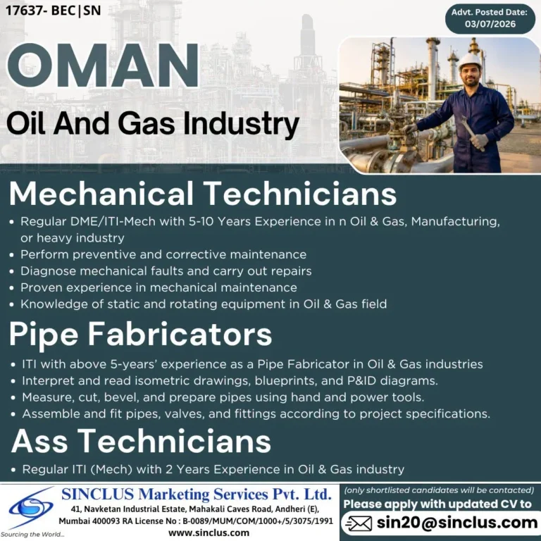 Oman Oil & Gas Industry Jobs 2026 – Mechanical Technicians, Pipe Fabricators & Assistant Technicians