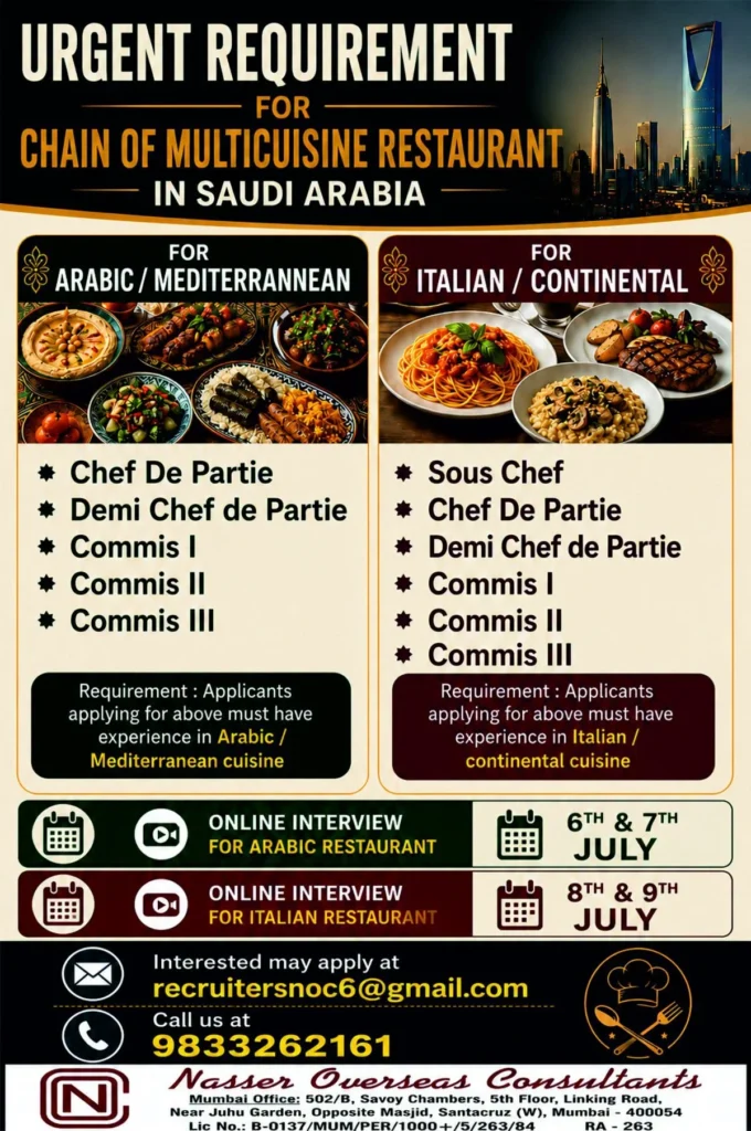 Urgent Recruitment for Chain of Multicuisine Restaurant in Saudi Arabia – Online Interviews in July 2026
