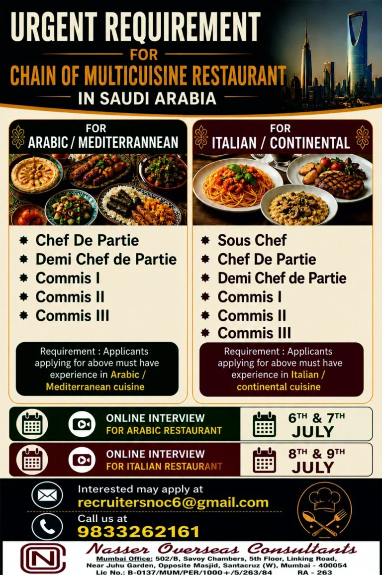 Urgent Recruitment for Chain of Multicuisine Restaurant in Saudi Arabia – Online Interviews in July 2026