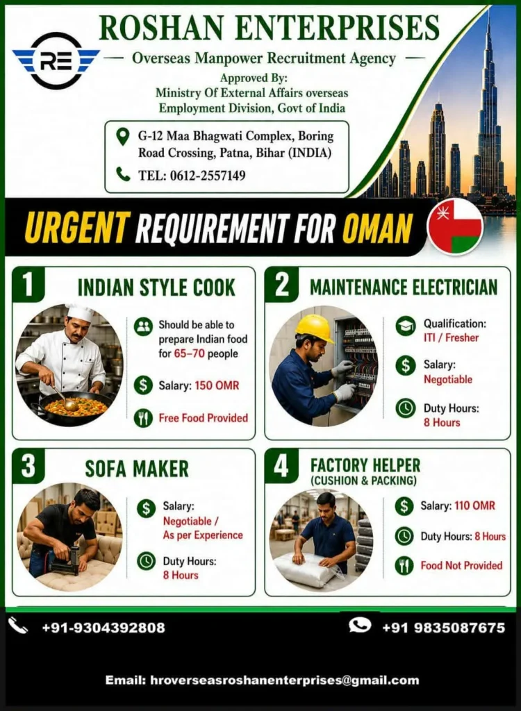 Urgent Job Vacancies in Oman 2026 – Indian Cook, Maintenance Electrician, Sofa Maker & Factory Helper