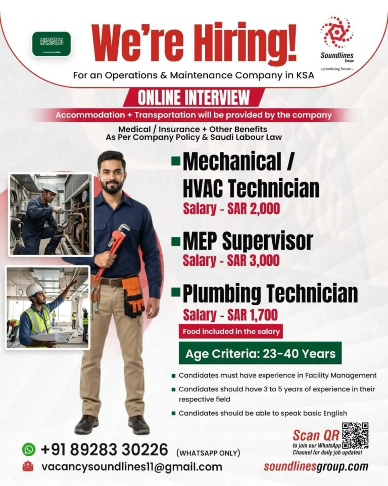 Mechanical, HVAC, MEP & Plumbing Technician Jobs in Saudi Arabia 2026 – Online Interview | Soundlines Group