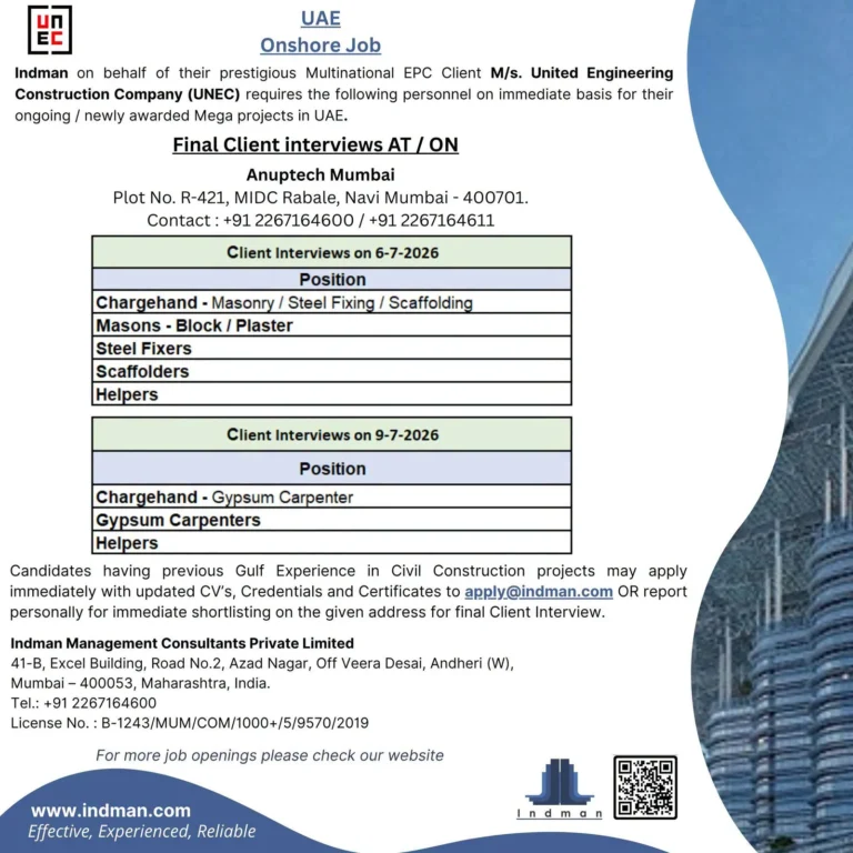 UAE Onshore Jobs 2026 – Immediate Hiring for UNEC | Client Interview in Mumbai