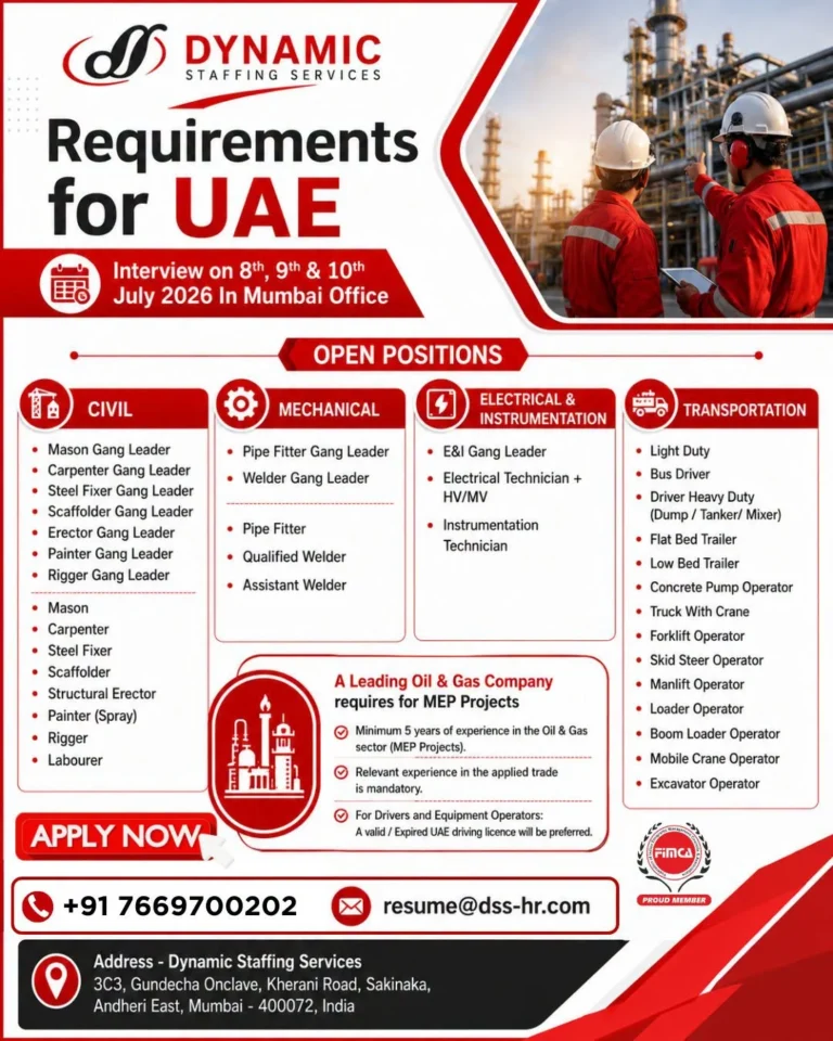 UAE Oil & Gas MEP Project Jobs 2026 – Dynamic Staffing Services | Mumbai Interview on 8th, 9th & 10th July