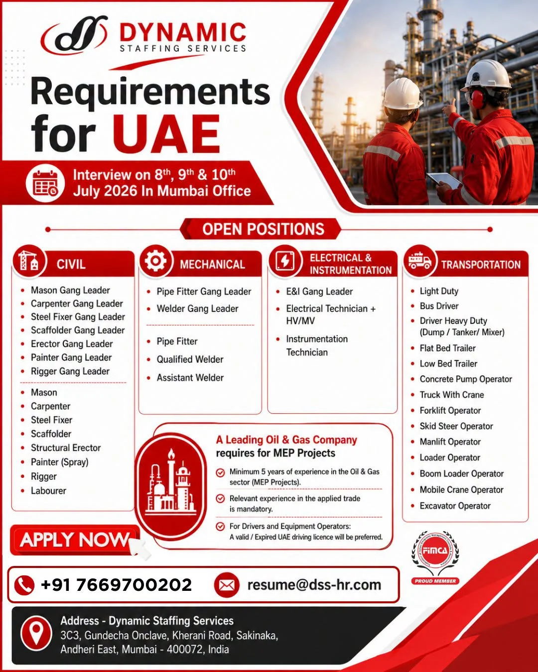UAE Oil & Gas MEP Project Jobs 2026 – Dynamic Staffing Services | Mumbai Interview on 8th, 9th & 10th July