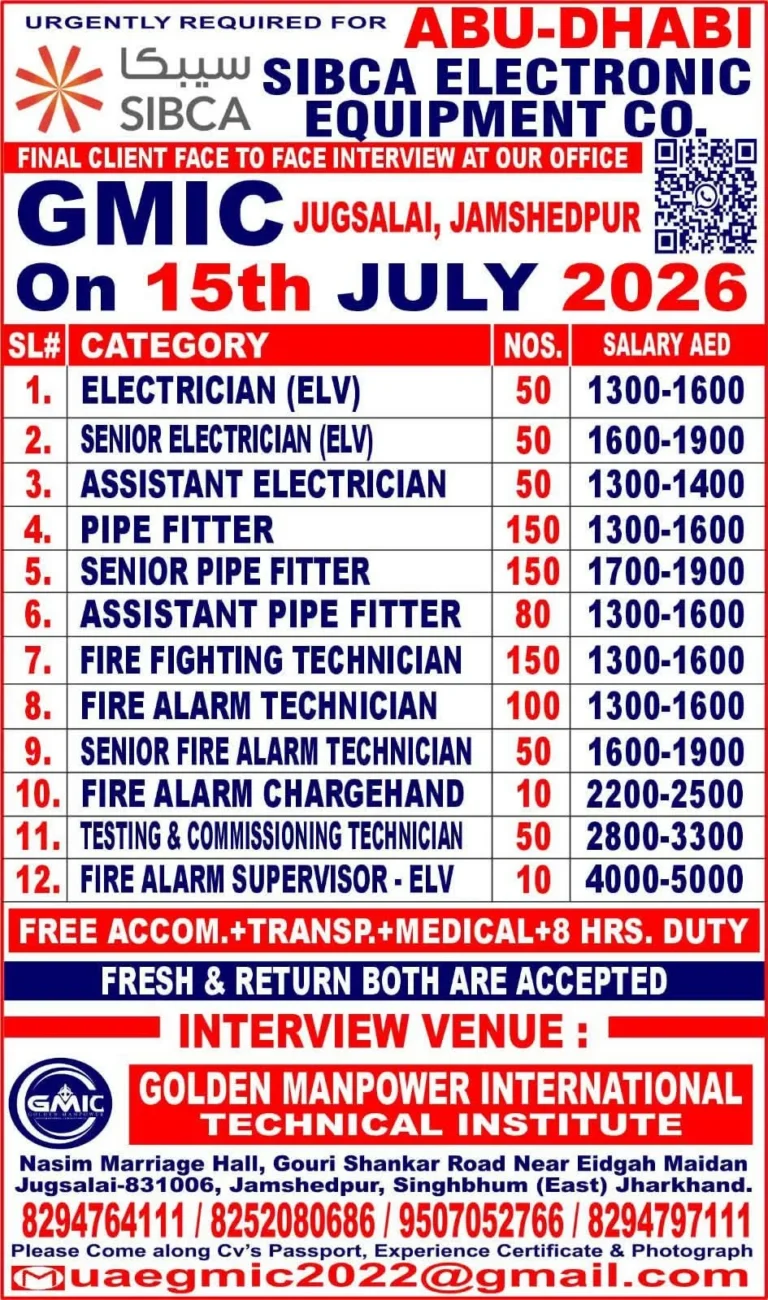 SIBCA Electronic Equipment Co. Abu Dhabi Recruitment 2026 – Face-to-Face Interview on 15th July