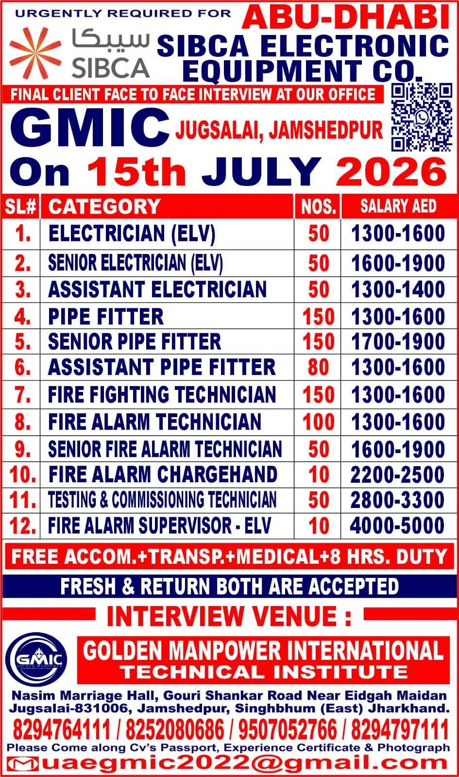 SIBCA Electronic Equipment Co. Abu Dhabi Recruitment 2026 – Face-to-Face Interview on 15th July