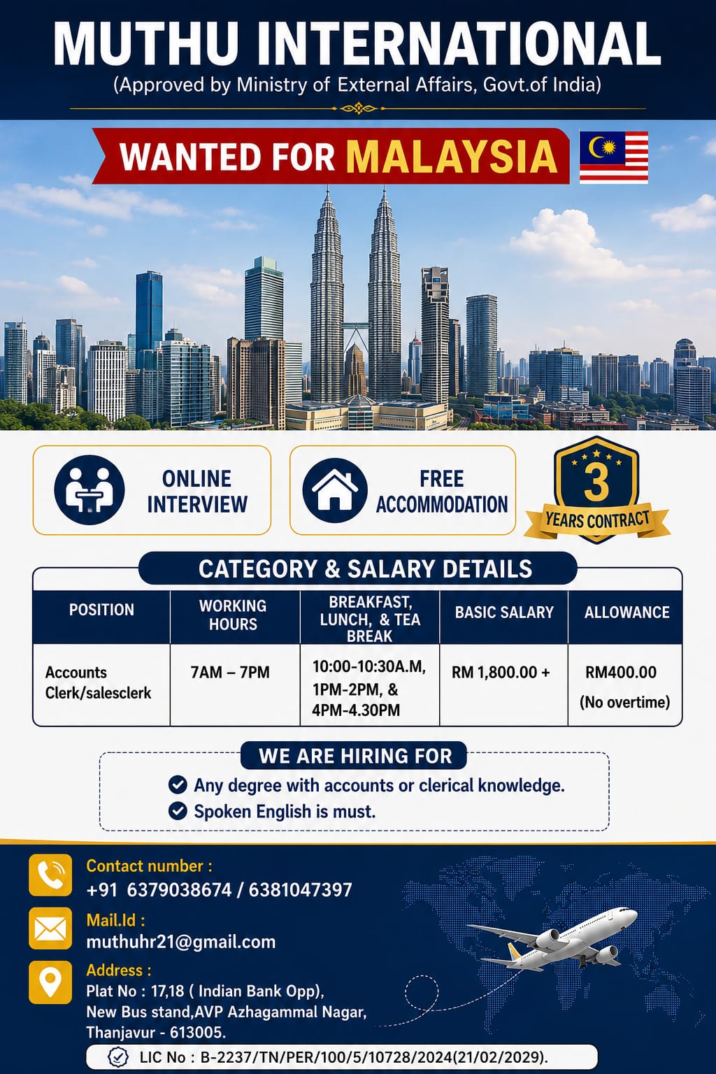 Accounts Clerk / Sales Clerk Jobs in Malaysia – Online Interview | Free Accommodation