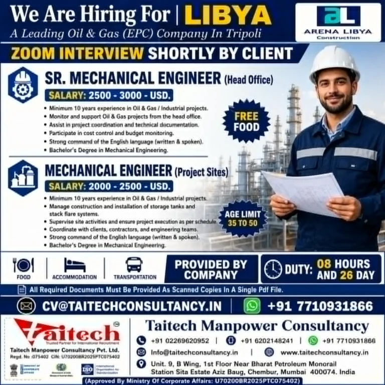 Libya Oil & Gas Jobs 2026 – Senior Mechanical Engineer & Mechanical Engineer Vacancies | Zoom Interview