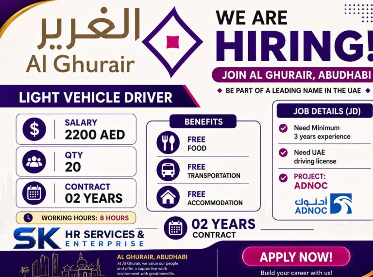 Al Ghurair Abu Dhabi Hiring Light Vehicle Drivers – ADNOC Project | Salary 2200 AED
