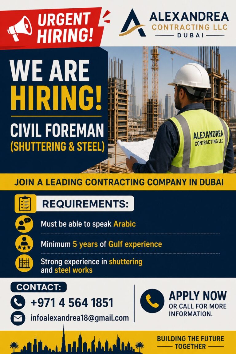 Civil Foreman (Shuttering & Steel) Jobs in Dubai – Alexandrea Contracting LLC | Apply Now