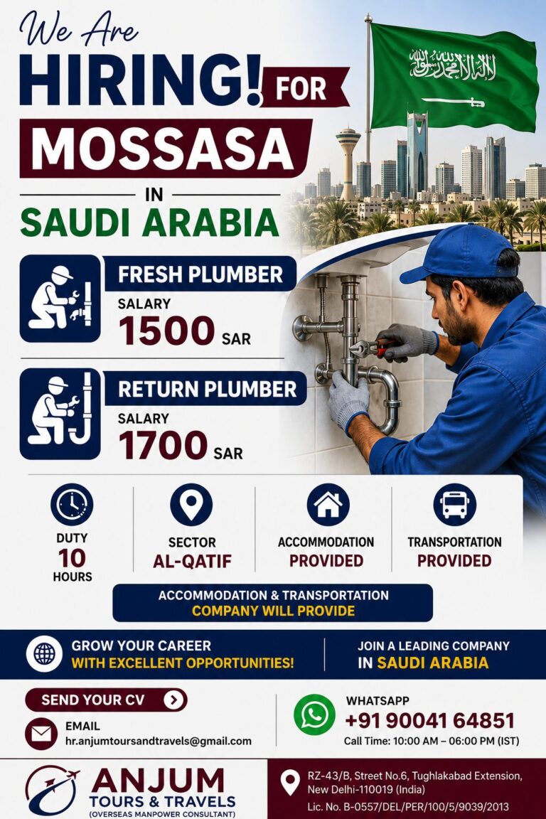 Plumber Jobs in Saudi Arabia 2026 – Fresh & Return Plumbers Required | Salary Up to 1700 SAR