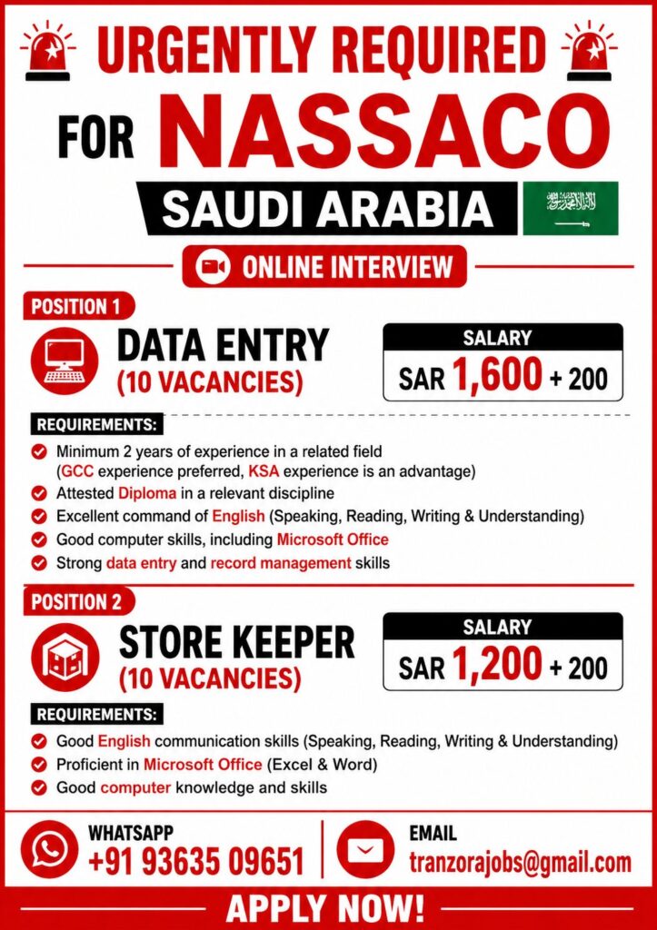 Urgently Required for NASSACO Saudi Arabia – Online Interview | Data Entry & Store Keeper Jobs 2026