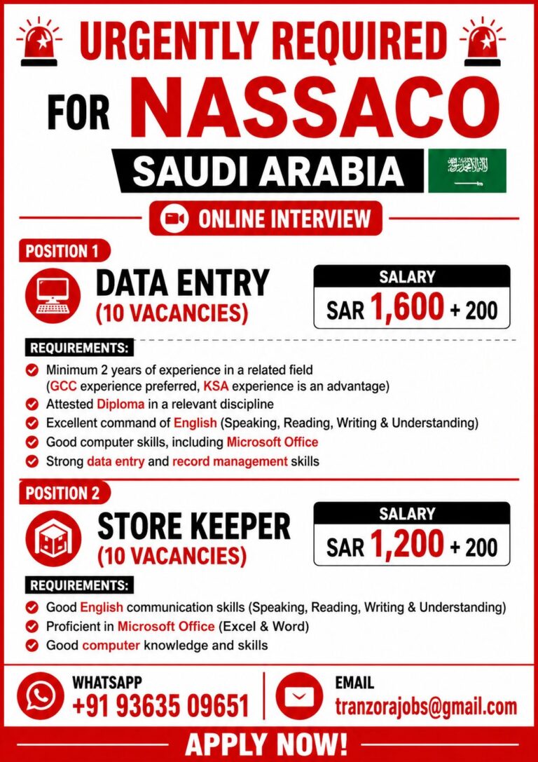 Urgently Required for NASSACO Saudi Arabia – Online Interview | Data Entry & Store Keeper Jobs 2026
