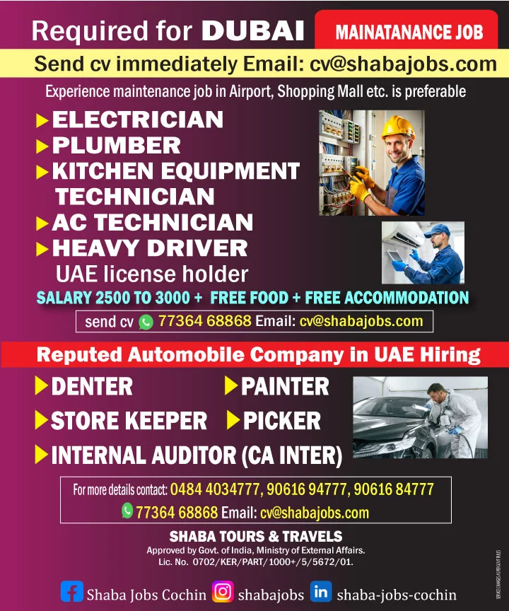 Dubai Maintenance & Automobile Jobs 2026 | Electrician, Plumber, AC Technician & More