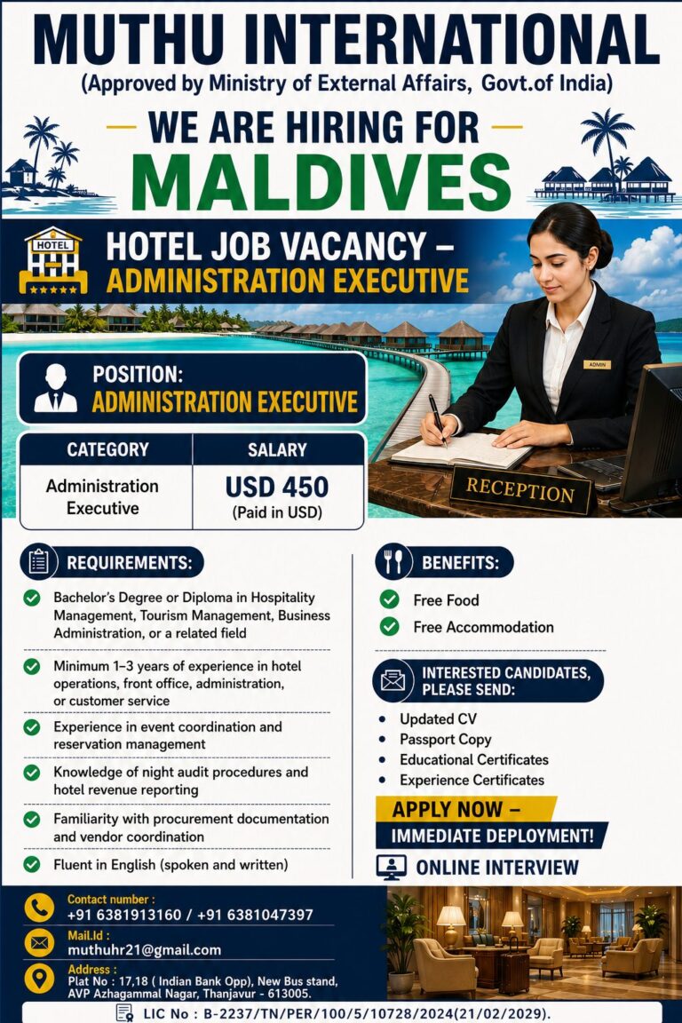 Maldives Hotel Administration Executive Jobs 2026 | Apply for Hotel Administration Executive Vacancies
