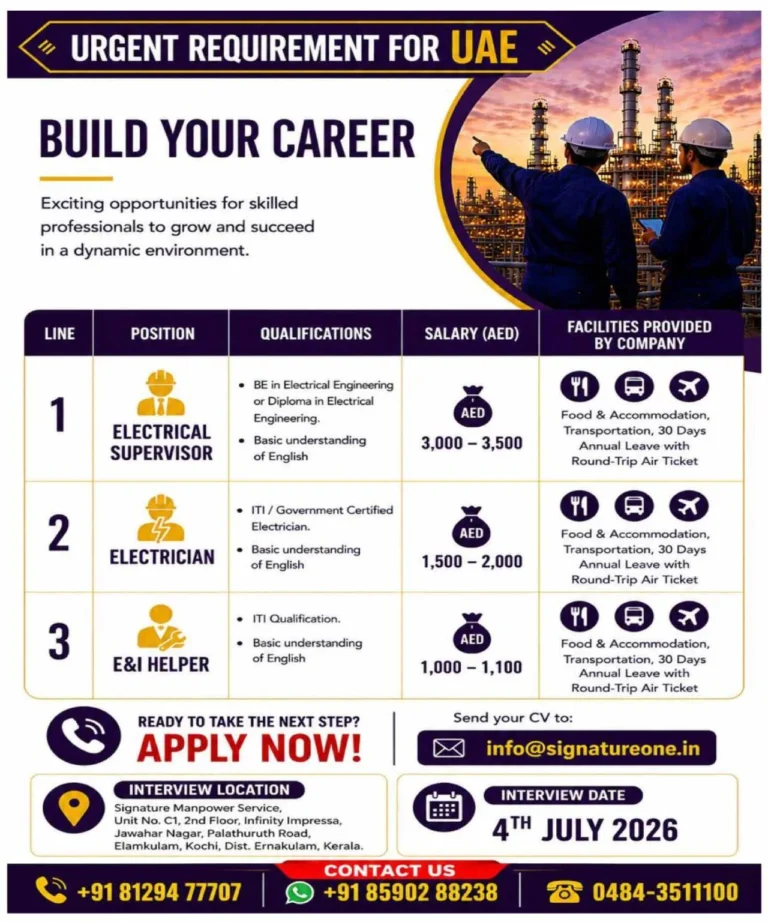 Urgent UAE Jobs 2026 – Electrical Supervisor, Electrician & E&I Helper Vacancies | Direct Interview in Kochi