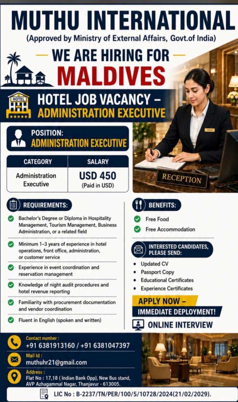Administration Executive Jobs in Maldives 2026 – Hotel Vacancy | Salary USD 450 | Online Interview
