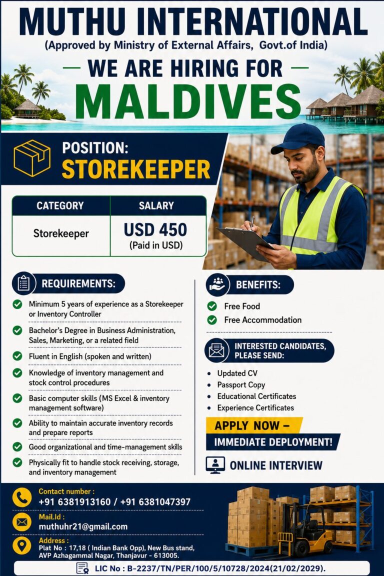 Storekeeper Jobs in Maldives 2026 – Apply Now | Free Food & Accommodation