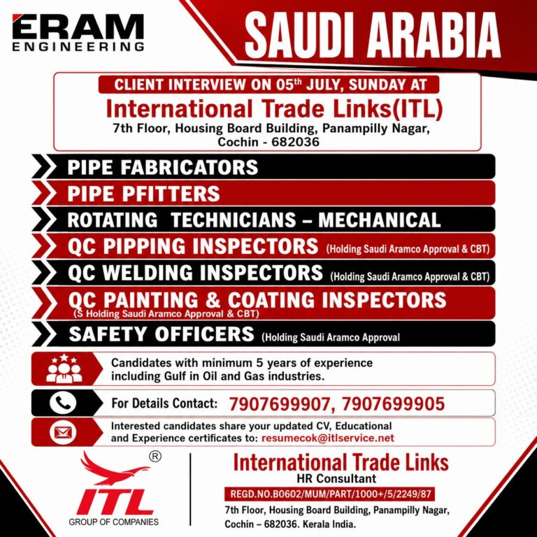 ERAM Engineering Saudi Arabia Hiring 2026 – Client Interview in Cochin for Oil & Gas Professionals