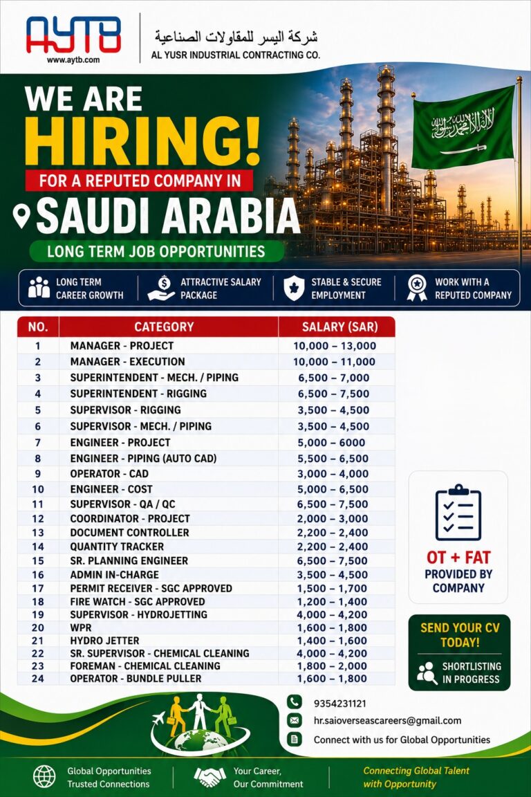Saudi Arabia Long-Term Job Opportunities 2026 | Al Yusr Industrial Contracting Co. | Apply Now