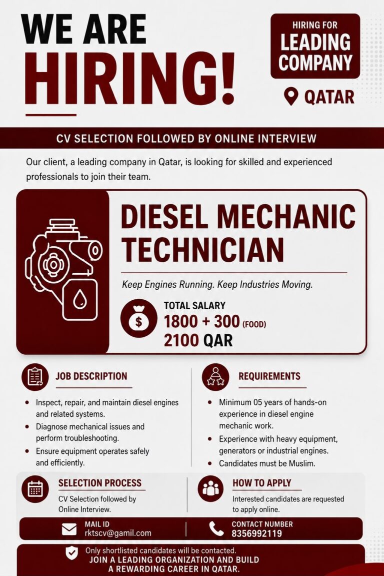 Diesel Mechanic Technician Jobs in Qatar 2026 – Apply Online | CV Selection