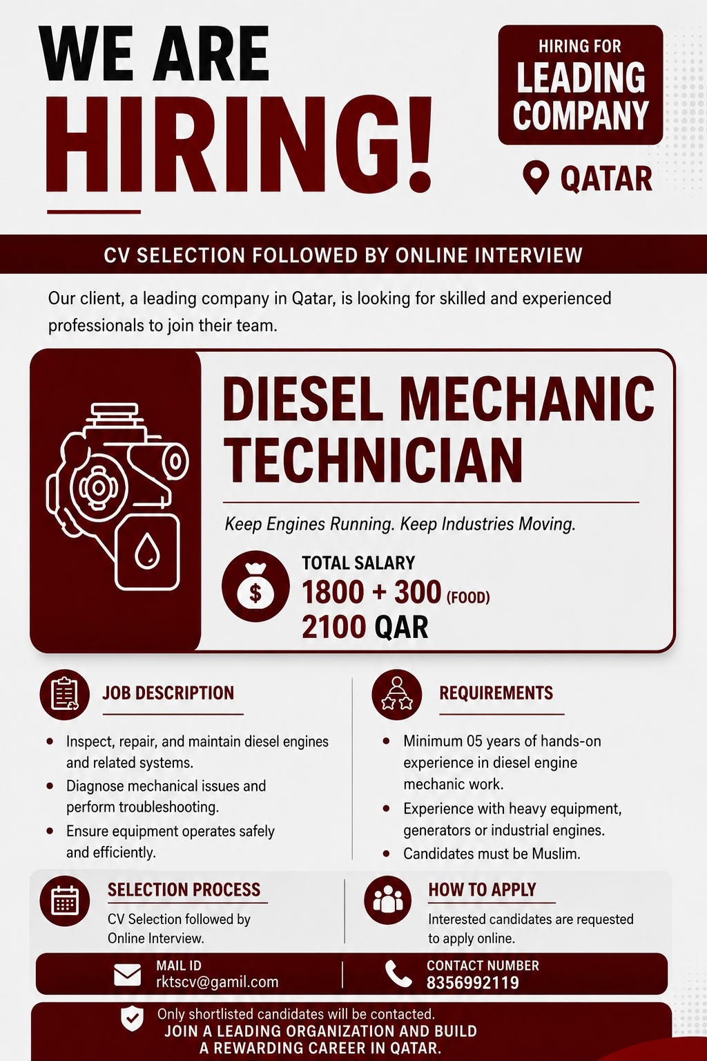 Diesel Mechanic Technician Jobs in Qatar 2026 – Apply Online | CV Selection