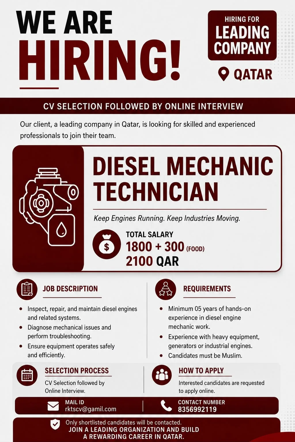 Diesel Mechanic Technician Jobs in Qatar 2026 – Apply Online | CV Selection