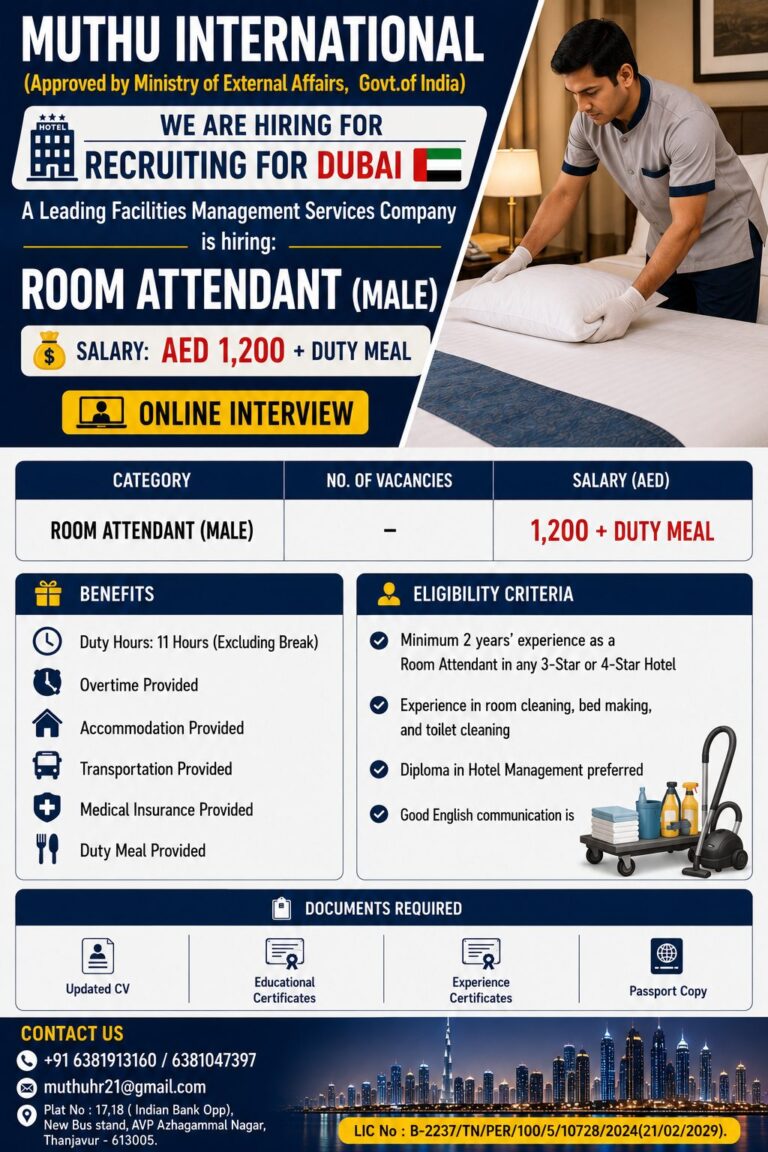 Room Attendant (Male) Jobs in Dubai 2026 | Online Interview | AED 1,200 + Duty Meal