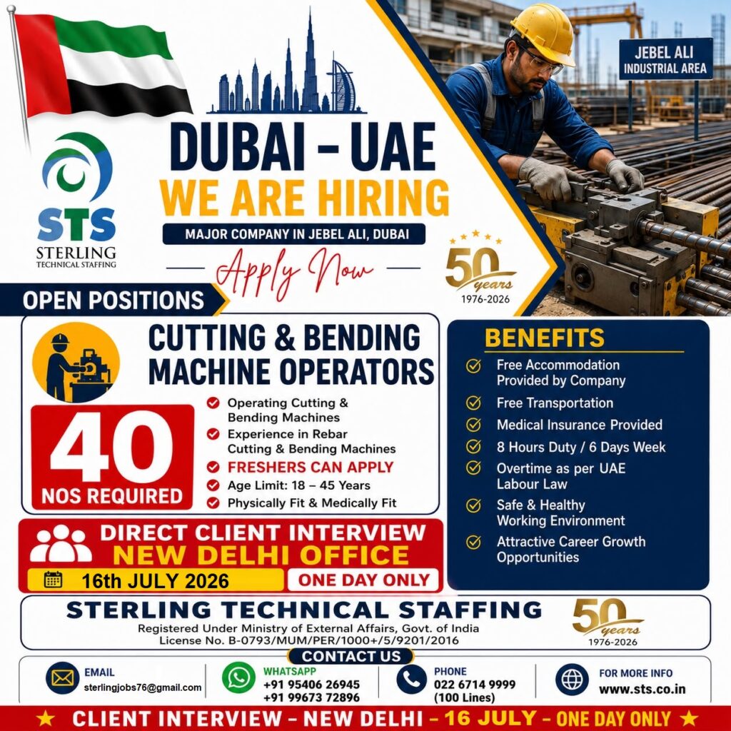Cutting & Bending Machine Operator Jobs in Dubai, UAE – Direct Client Interview | Freshers Can Apply