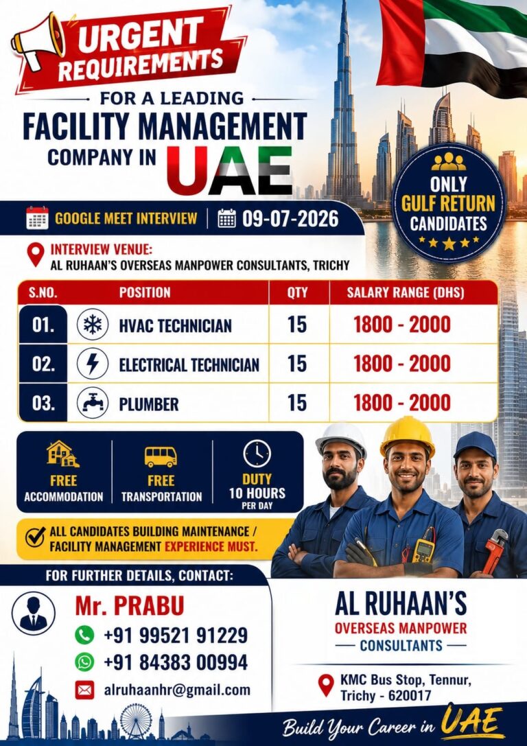 Urgent Facility Management Jobs in UAE 2026 | HVAC, Electrical Technician & Plumber Vacancies