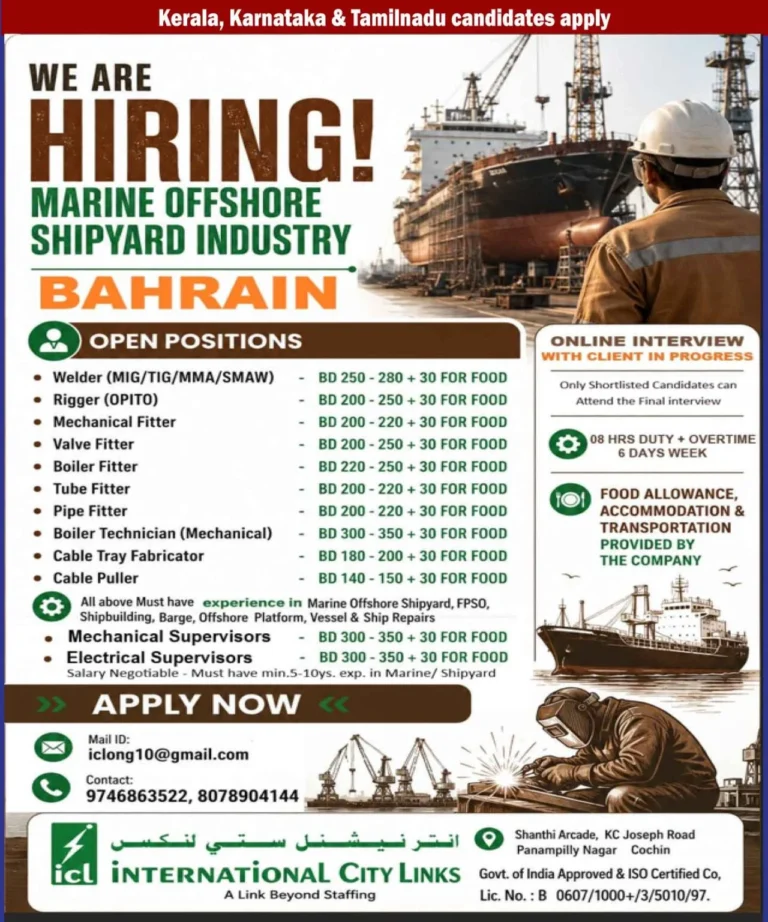 Bahrain Marine Offshore Shipyard Jobs 2026 – Online Interview | Welder, Rigger, Fitter & Supervisor Vacancies