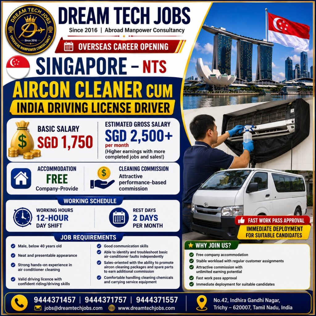 Aircon Cleaner Cum Driver Jobs in Singapore 2026 – Apply Now | Free Accommodation | Salary Up to SGD 2,500+