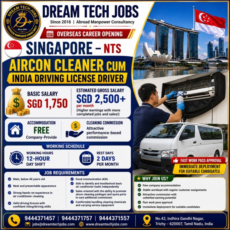 Aircon Cleaner Cum Driver Jobs in Singapore 2026 – Apply Now | Free Accommodation | Salary Up to SGD 2,500+