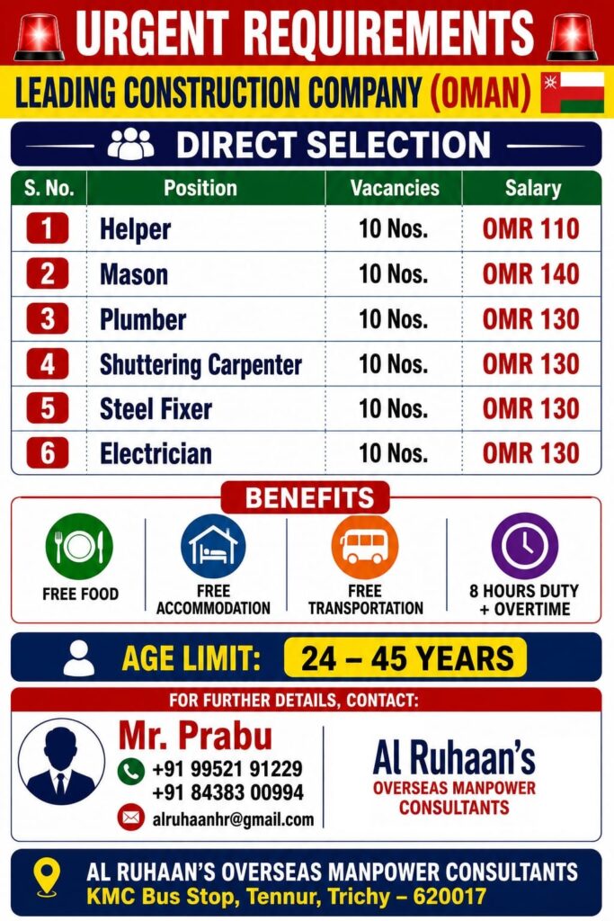 Urgent Job Openings for Leading Construction Company in Oman – Direct Selection