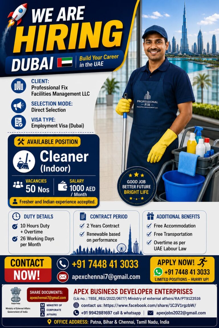 Cleaner Jobs in Dubai 2026 – Direct Selection | Professional Fix Facilities Management LLC
