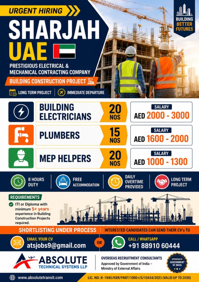 Sharjah UAE Building Construction Jobs 2026 | Electrician, Plumber & MEP Helper Vacancies