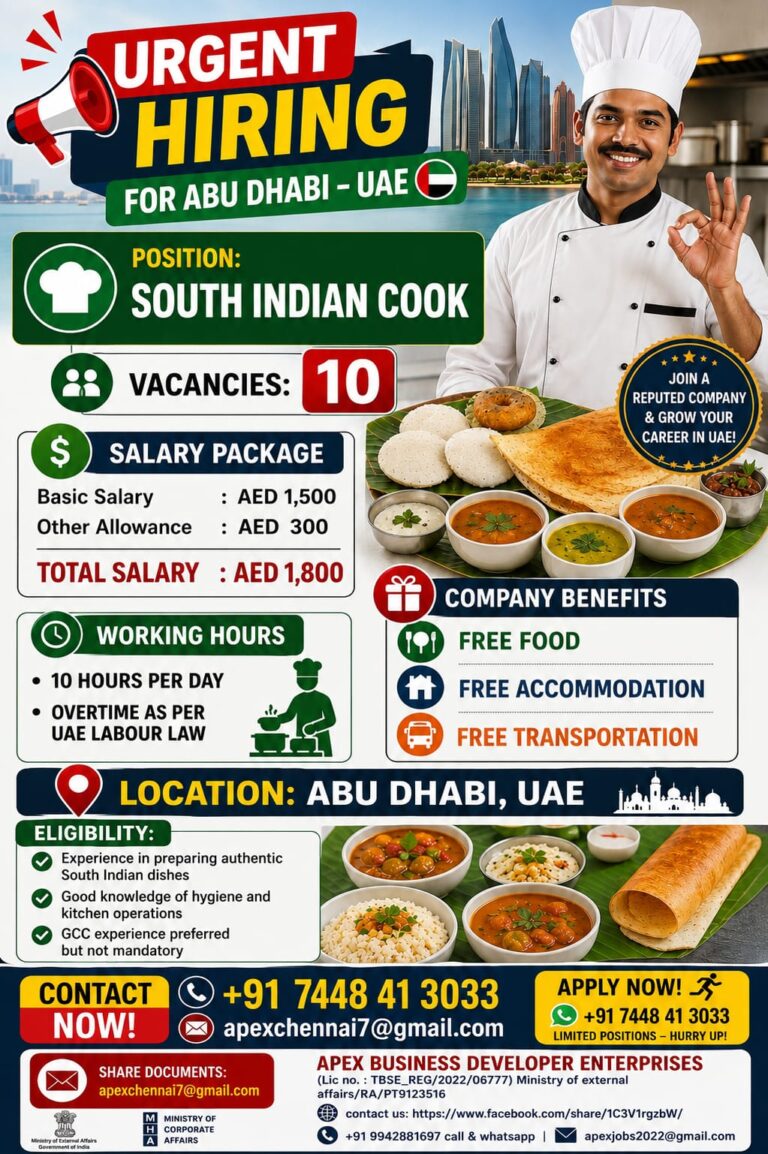 South Indian Cook Jobs in Abu Dhabi, UAE – 10 Vacancies | Free Food, Accommodation & Transportation