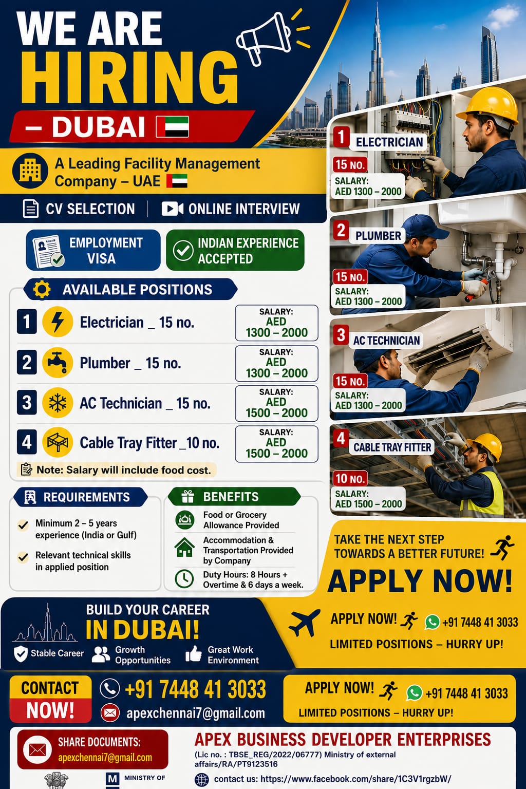 Dubai Facility Management Jobs 2026 – Electrician, Plumber, AC Technician & Cable Tray Fitter Vacancies