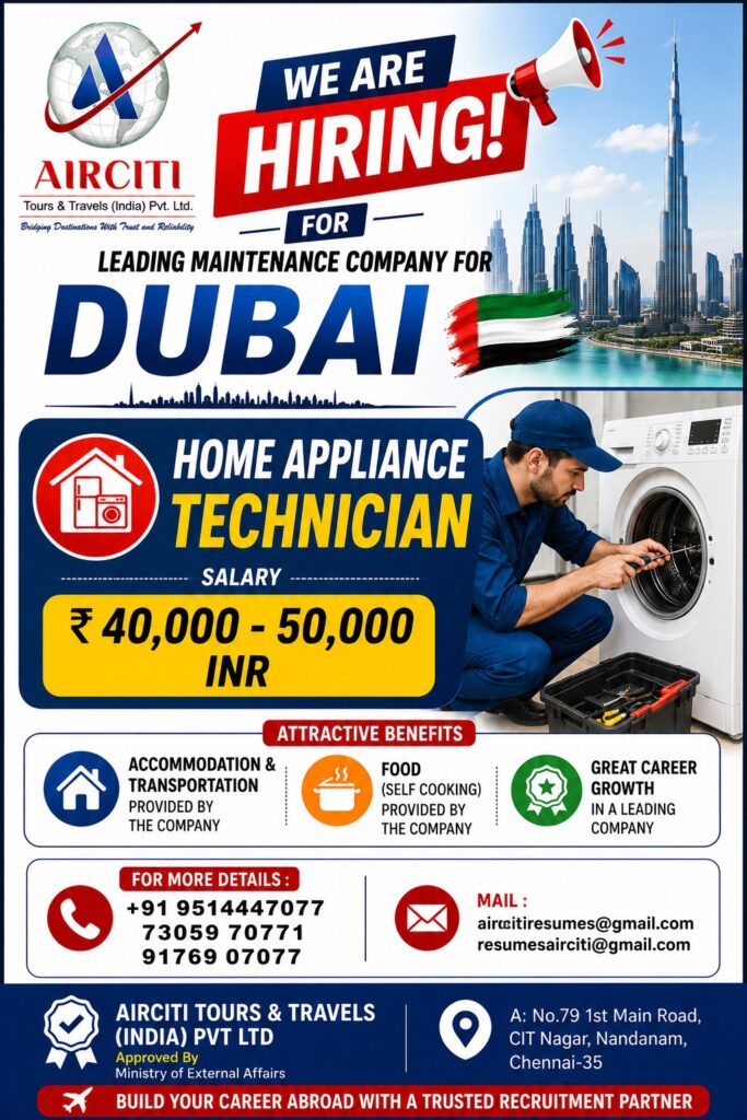 Home Appliance Technician Jobs in Dubai 2026 – Apply Through AirCiti Tours & Travels