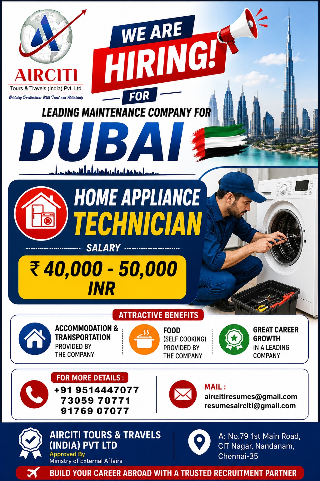 Home Appliance Technician Jobs in Dubai 2026 – Apply Through AirCiti Tours & Travels