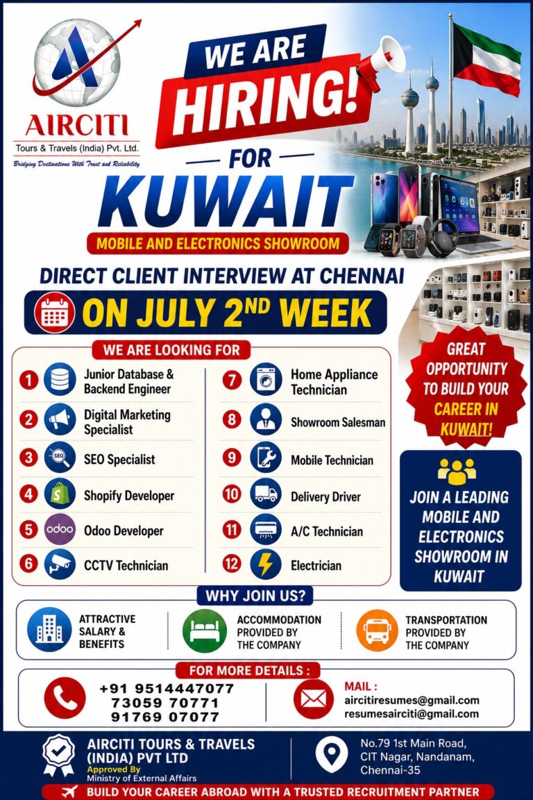 Kuwait Mobile & Electronics Showroom Jobs 2026 – Direct Client Interview at Chennai | AirCiti Tours & Travels