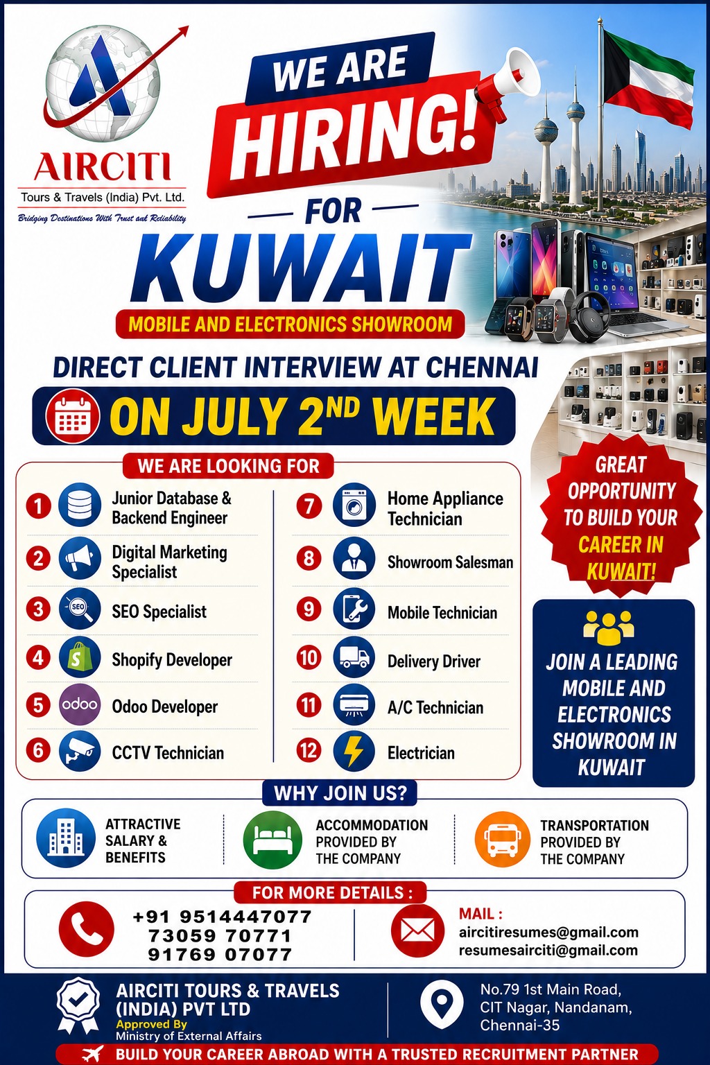 Kuwait Mobile & Electronics Showroom Jobs 2026 – Direct Client Interview at Chennai | AirCiti Tours & Travels