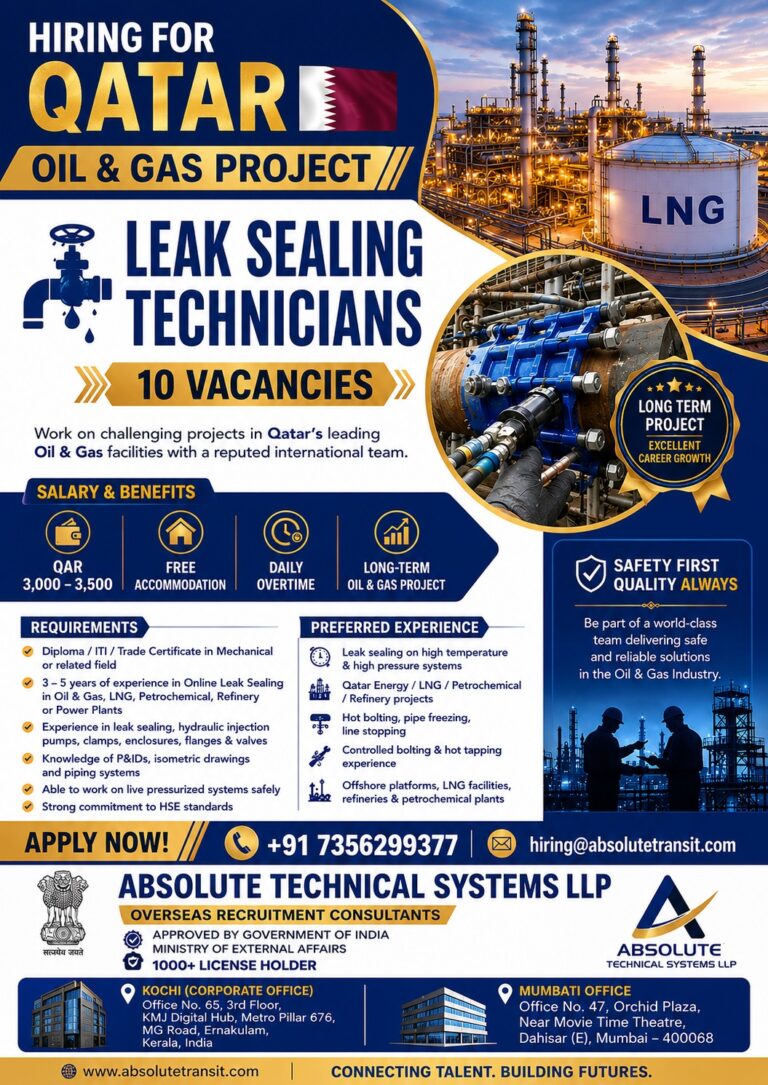 Leak Sealing Technicians Jobs in Qatar – Oil & Gas Project | 10 Vacancies | Apply Now